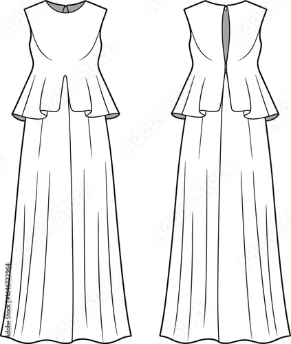 Elegant long peplum evening gown, sleeveless formal dress design, technical fashion sketch front and back, CAD drawing flat vector illustration