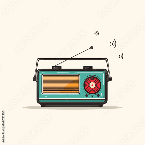 Teal Vintage Radio with Antenna and Sound Waves Illustration