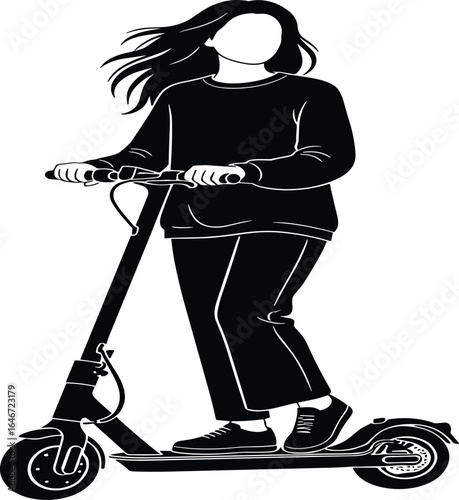 Young woman riding electric scooter, urban transportation, eco-friendly commuting, modern mobility, sustainable travel, active lifestyle, city scene, stock illustration design