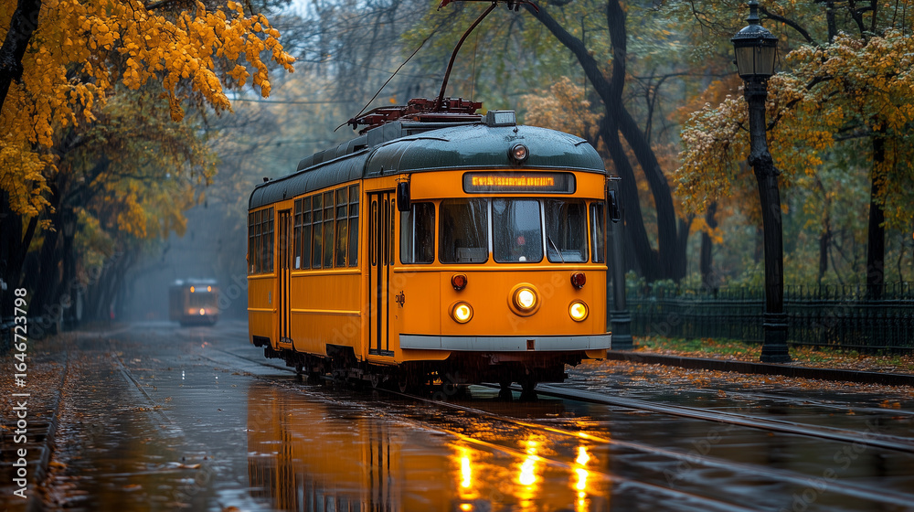 Obraz premium A classic yellow tram travels along wet city tracks during a beautiful autumn rain. Golden leaves cover the ground and trees, reflecting in the puddles.