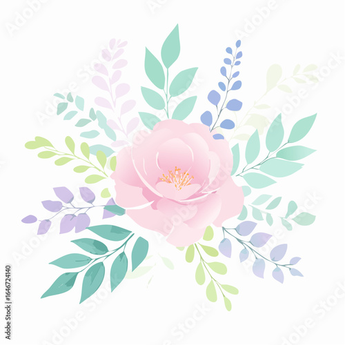 A pastel watercolor vector background with soft floral patterns, featuring delicate flowers and leaves in light pink, lavender, and mint green, ideal for wedding invitations.