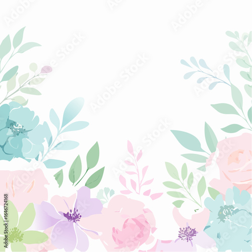 A pastel watercolor vector background with soft floral patterns, featuring delicate flowers and leaves in light pink, lavender, and mint green, ideal for wedding invitations.