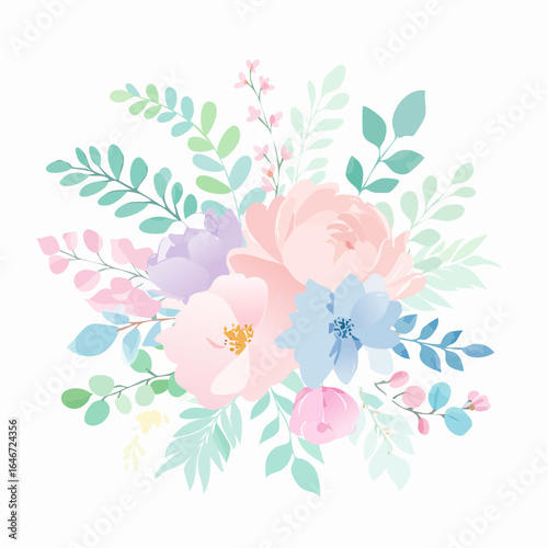 A pastel watercolor vector background with soft floral patterns, featuring delicate flowers and leaves in light pink, lavender, and mint green, ideal for wedding invitations.