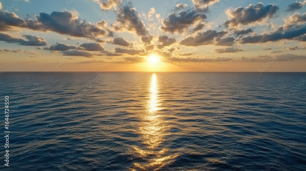 Obraz premium Sunset over ocean with clouds reflecting on water, creating serene atmosphere
