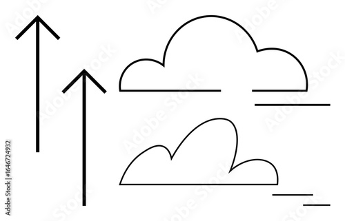 Two simple clouds with clean lines and two arrows pointing upward, symbolizing growth, progress, or uplift. Ideal for productivity, business growth, innovation, aspiration, upward momentum