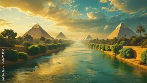 Egyptian pyramids and the Nile river at sunset with lush greenery