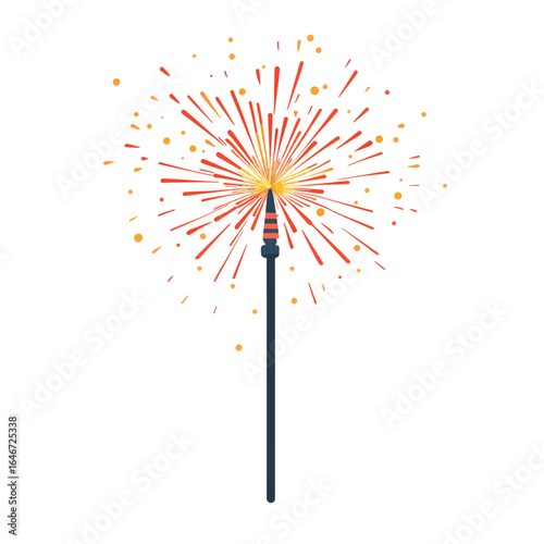 Whimsical Sparkler with Bursting Orange and Red Radiating Fireworks