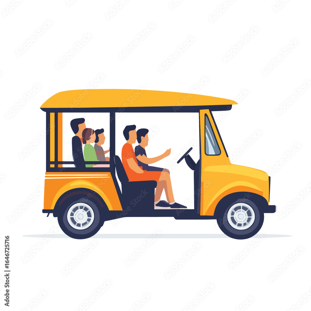 Obraz premium Yellow Golf Cart with Passengers and Driver Vector Illustration