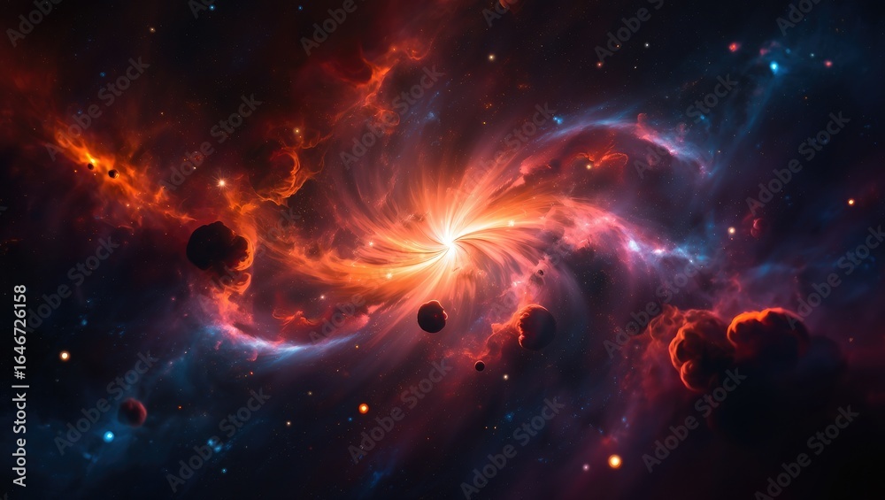 Fototapeta premium Fiery Cosmic Nebula with Swirling Galaxy and Asteroids