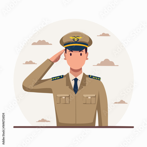 Military Officer Saluting, Flat Illustration