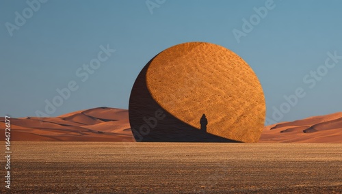 Desert landscape with large,  orange orb.  Silhouette of person