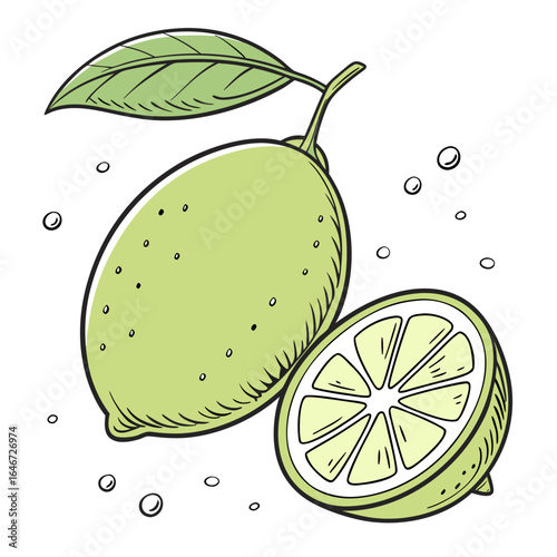 Fresh lime fruit illustration with a whole and sliced half. Hand-drawn green citrus vector art for healthy food and refreshing drink concepts.