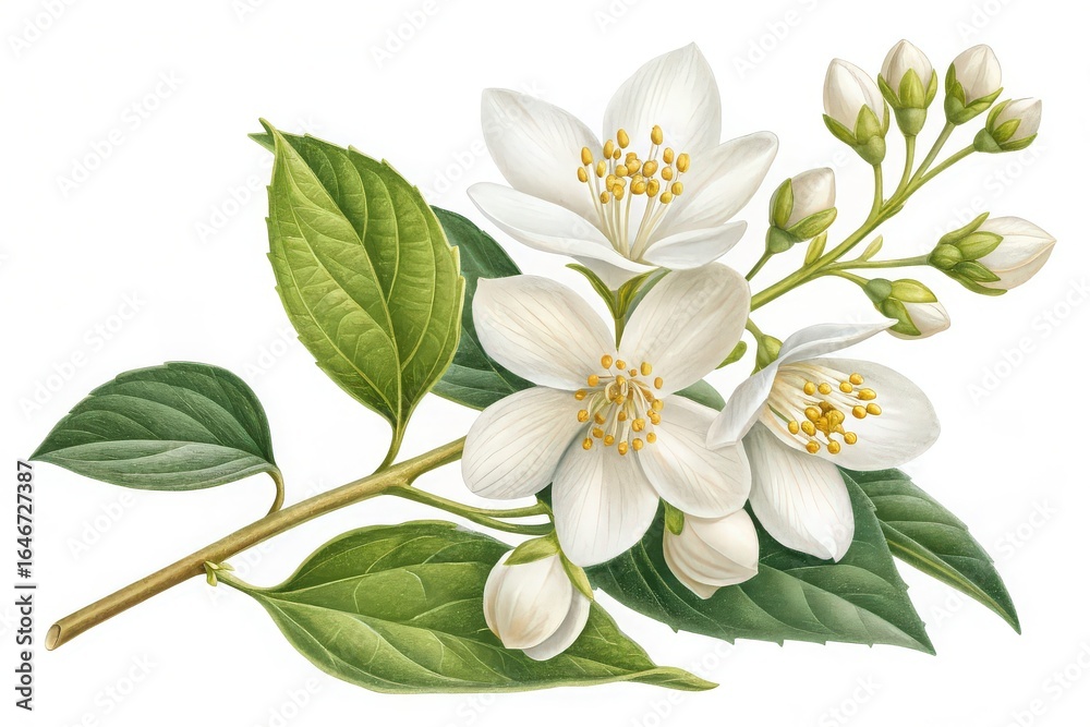 Obraz premium Delicate jasmine flowers and leaves isolated on white background