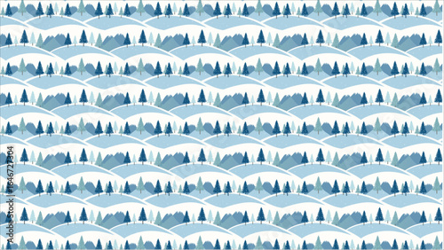 A tranquil and frosty winter landscape illustration, depicting a forest of fir trees laden with snow, a perfect idyllic Christmas or holiday season background.