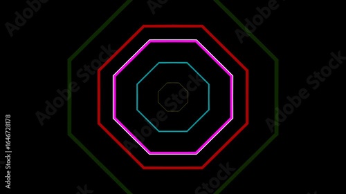 Multi color neon hexagon loop animation with red, purple, and blue glow, ideal for EDM visuals, VJ loops, and futuristic music backdrops
