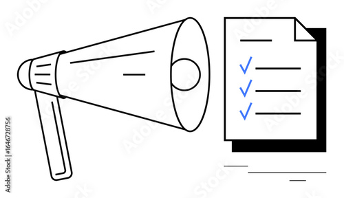 Megaphone amplifying ideas next to a checklist with completed tasks. Ideal for teamwork, productivity, communication, announcements, strategy, planning, and organization. Simple flat metaphor