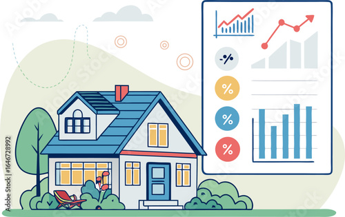 Illustration of a house with a blue roof and a graph showing percentage increases and decreases displayed