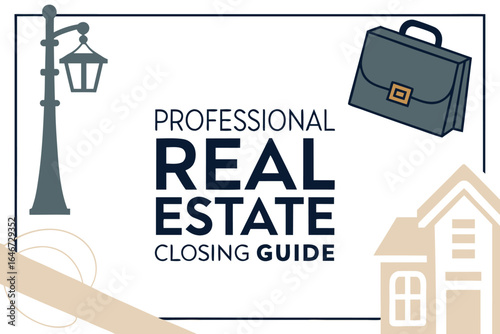 Professional real estate closing guide illustration with house briefcase and street lamp design layout vector