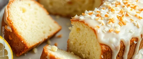 Obraz  z motywem Sliced coconut lemon cake, showcasing moist crumb and glaze,  yellow,  dessert food
