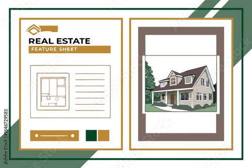 Real estate feature sheet showcasing a house blueprint and an illustration of the house exterior layout
