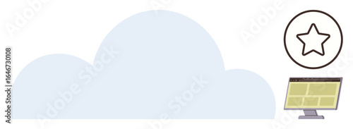 Large cloud shape occupies the center, paired with a monitor and a circle containing a star. Ideal for digital storage, online service, data access, cloud solutions, technology, innovation, simple
