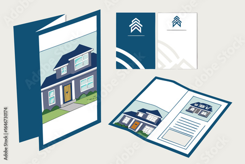 Illustration of real estate marketing materials including brochures and business cards with house design
