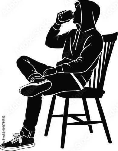 Young person in hoodie, drinking coffee, relaxed pose, sitting on chair, urban lifestyle, silhouette illustration, casual streetwear, modern youth culture