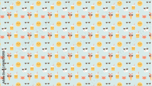 A delightful collection of cute summer-themed objects in a Japanese kawaii art style, with each item like a watermelon slice or flamingo float given a happy face.
