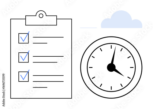 Checklist with completed tasks and clock highlighting time focus. Ideal for productivity, organization, time management, task planning, efficiency, goal tracking, workflow improvement. Simple flat