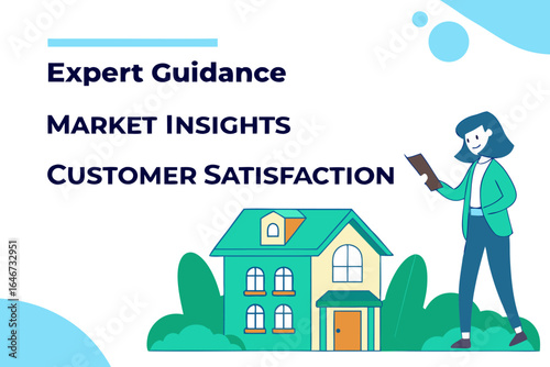 Illustration depicting home valuation, market analysis, and client satisfaction for property investment advice