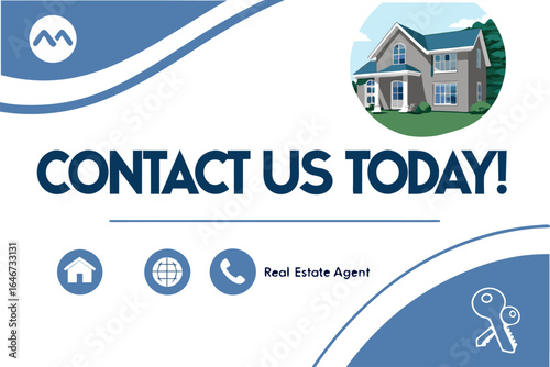 Real estate advertisement featuring a house contact information and the text contact us today in blue color