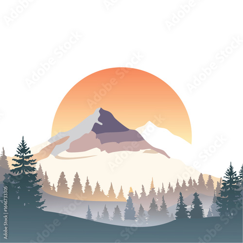A peaceful and tranquil nature scene depicting distant mountain silhouettes fading into a dense morning mist, illuminated by the warm, gentle glow of a new day's sunrise.