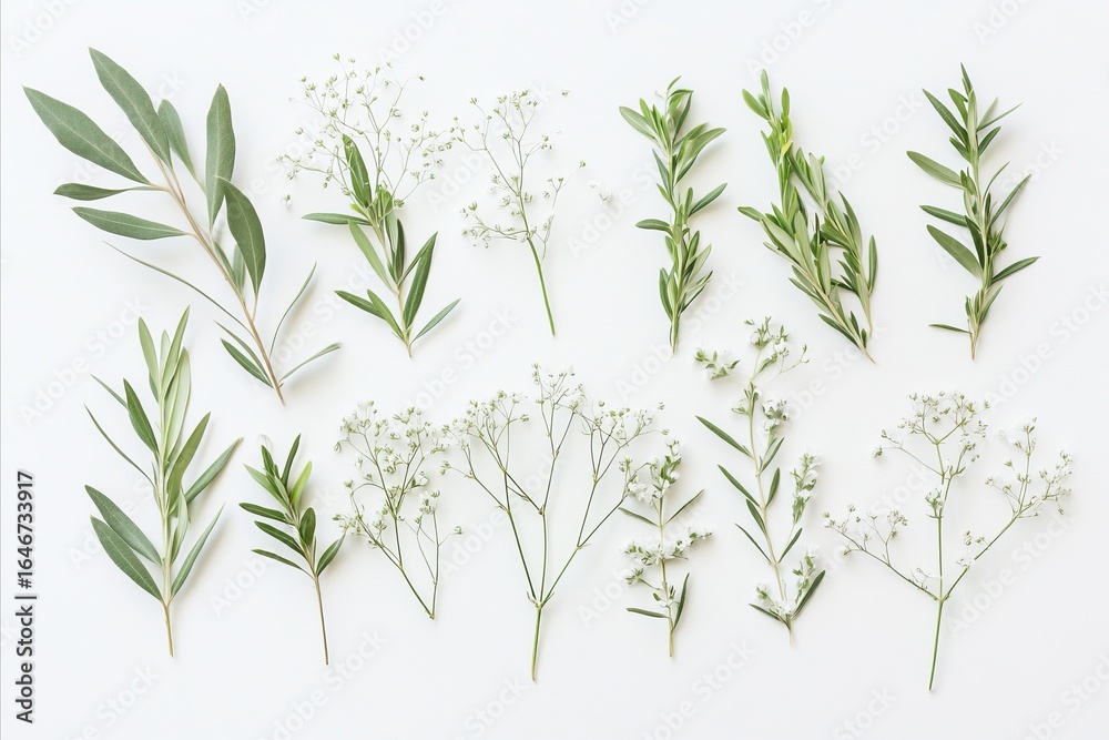 Naklejka premium Overhead Arrangement of Greenery and Delicate White Flowers on W