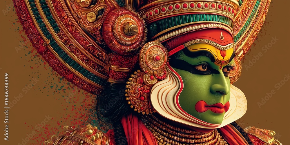 Fototapeta premium Illustration celebrating onam with a kathakali dancer close up portrait.