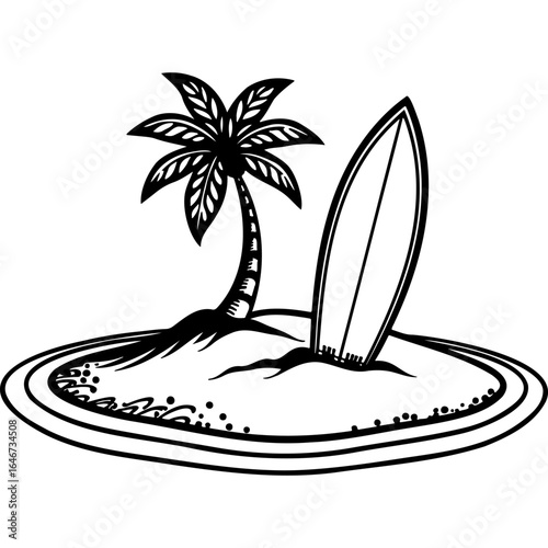 Sketchy emblem of surfboard stuck in sand on tropical island. Engraving minimalistic vector in black ink drawing on transparent background