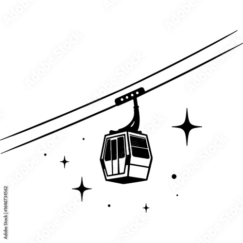 Sketchy emblem of cable car cabin secured to cables. Engraving minimalistic vector in black ink drawing on transparent background