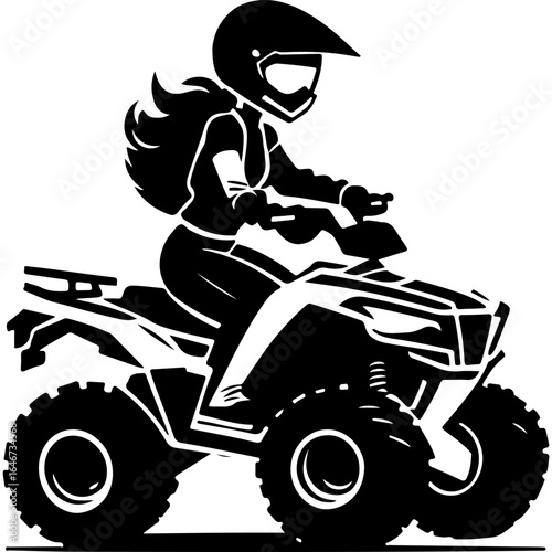 Sketchy sport emblem of Extreme sportswoman racing on quad bike side view. Engraving minimalistic vector in black ink drawing on transparent background