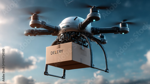 Delivery drone with the cardboard box.3D illustration