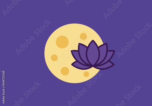 Serene purple lotus flower silhouette against a glowing full moon, representing spirituality, meditation, and calm.