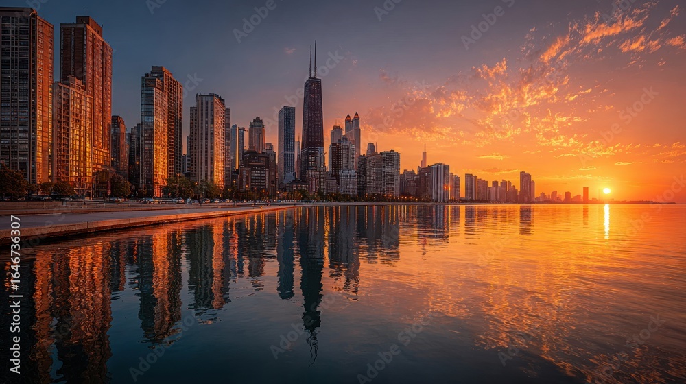 Fototapeta premium Captivating Chicago Skyline Silhouetted Against a Sunset with Tall Buildings Forming a Dramatic Horizon Signifying Urban Sophistication