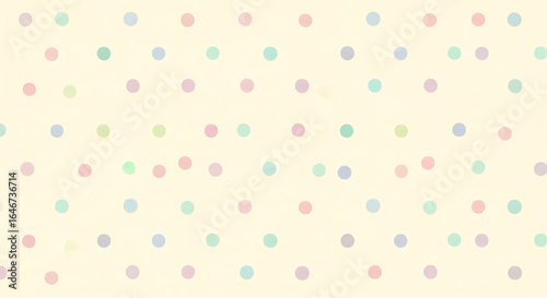 Repeating pattern of pastel-colored circles scattered across a light yellow background, creating a soft and playful design.