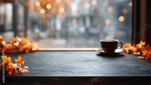 Fototapeta Naklejka Na Ścianę i Meble -  Cozy autumn scene with a steaming cup of coffee on a dark wooden table by a window with blurred fall foliage and warm bokeh lights