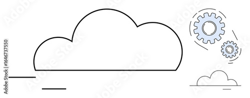 Cloud with soft lines and nearby gears signifying cloud storage, networking, and system integration. Ideal for cloud computing, automation, innovation, IT, technology, connectivity simple flat