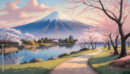 Mount Fuji River and Cherry Blossom Lined Path Japan
