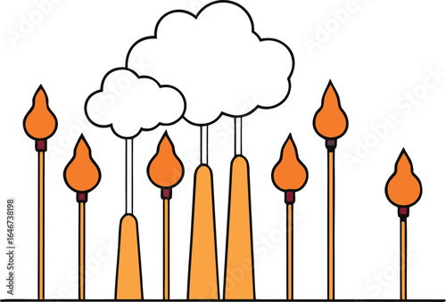 matchstick forest with smoke trails rising on transparent background