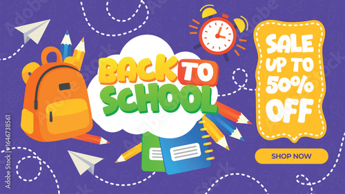 Back to School Promotional Sale Banner with Violet Background