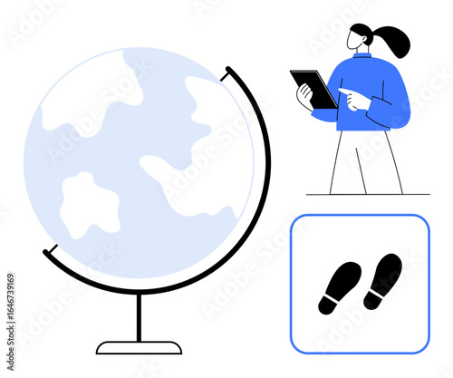 Woman holding tablet near globe and steps icon, signifying exploration, innovation, global connection, learning, sustainability, technology, teamwork. Ideal for education strategy simple landing