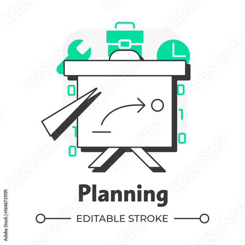Planning flat outline concept icon. Business strategy, corporate. Programming, coding. Time management, control. Modern line illustration with green glyphs. Conceptual visual. Easy to edit