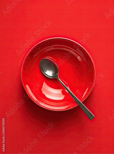Red bowl with spoon on red background