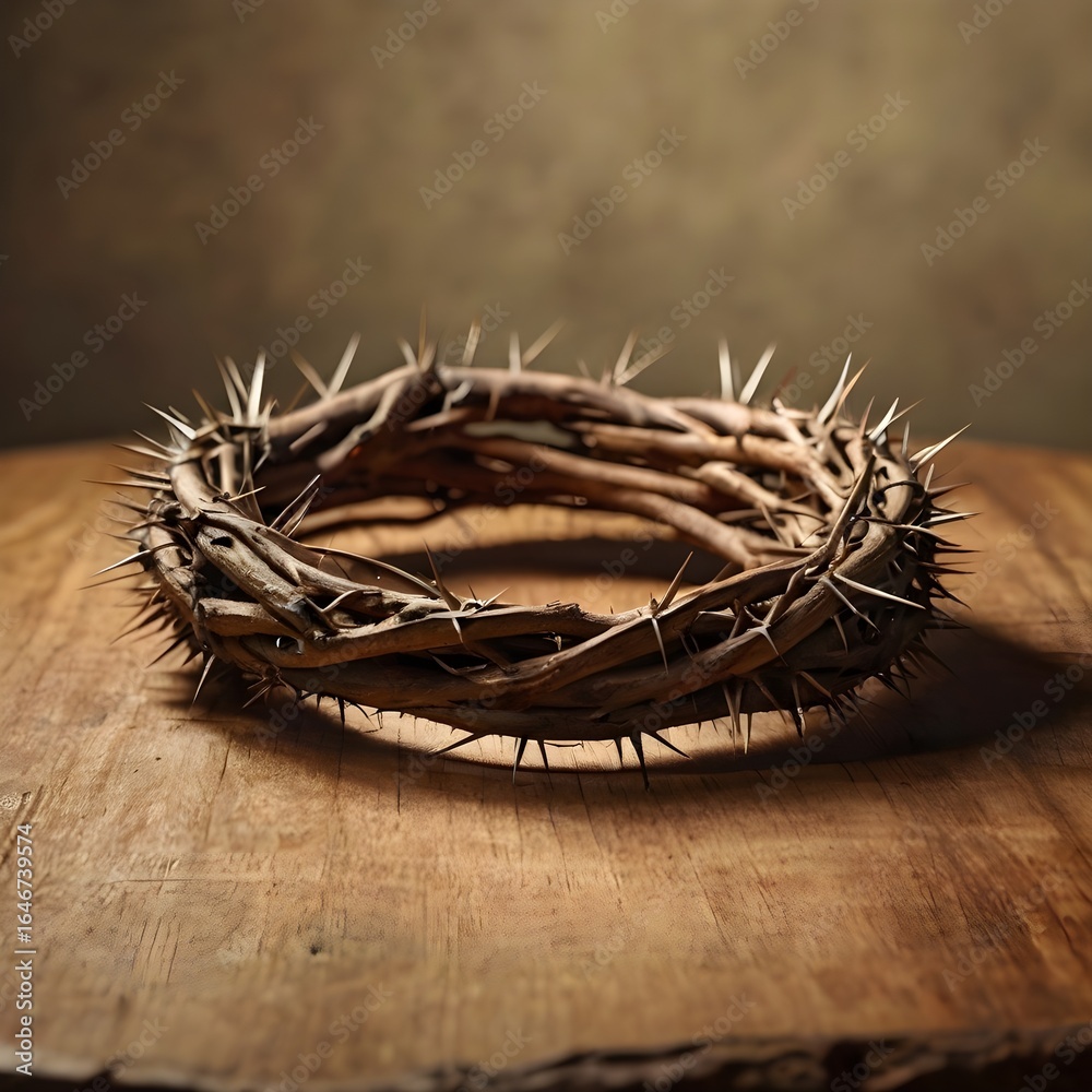 Fototapeta premium Crown of thorns placed gently on a wooden table, dramatic soft lighting, high-detail texture, minimal and elegant composition, isolated,Generative Ai 